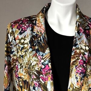 ZARA Satin Effect Tropical Floral Botanical Open Front Blazer Womens Size XL